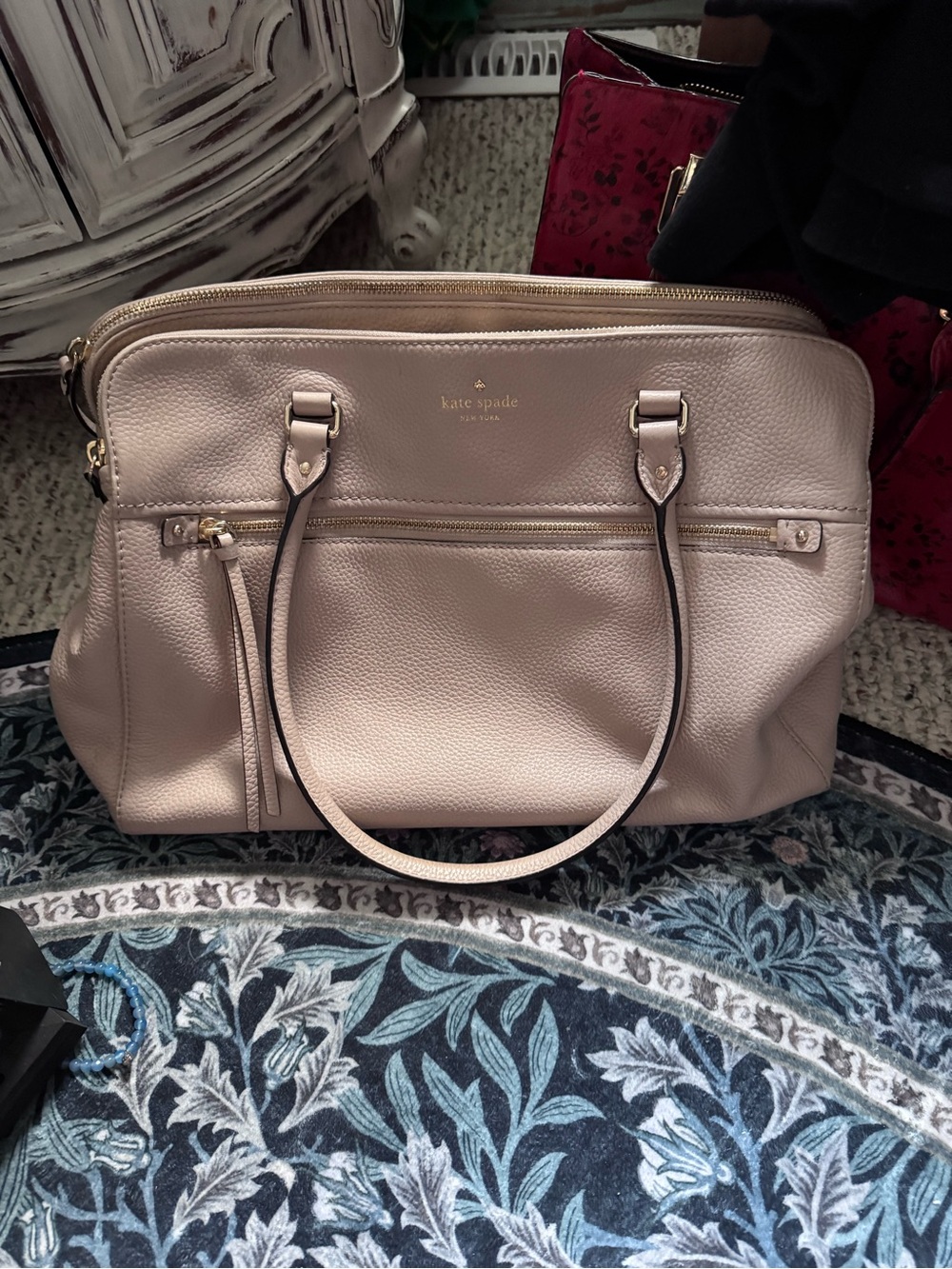 kate spade blush pebbled leather tote with gold hardware